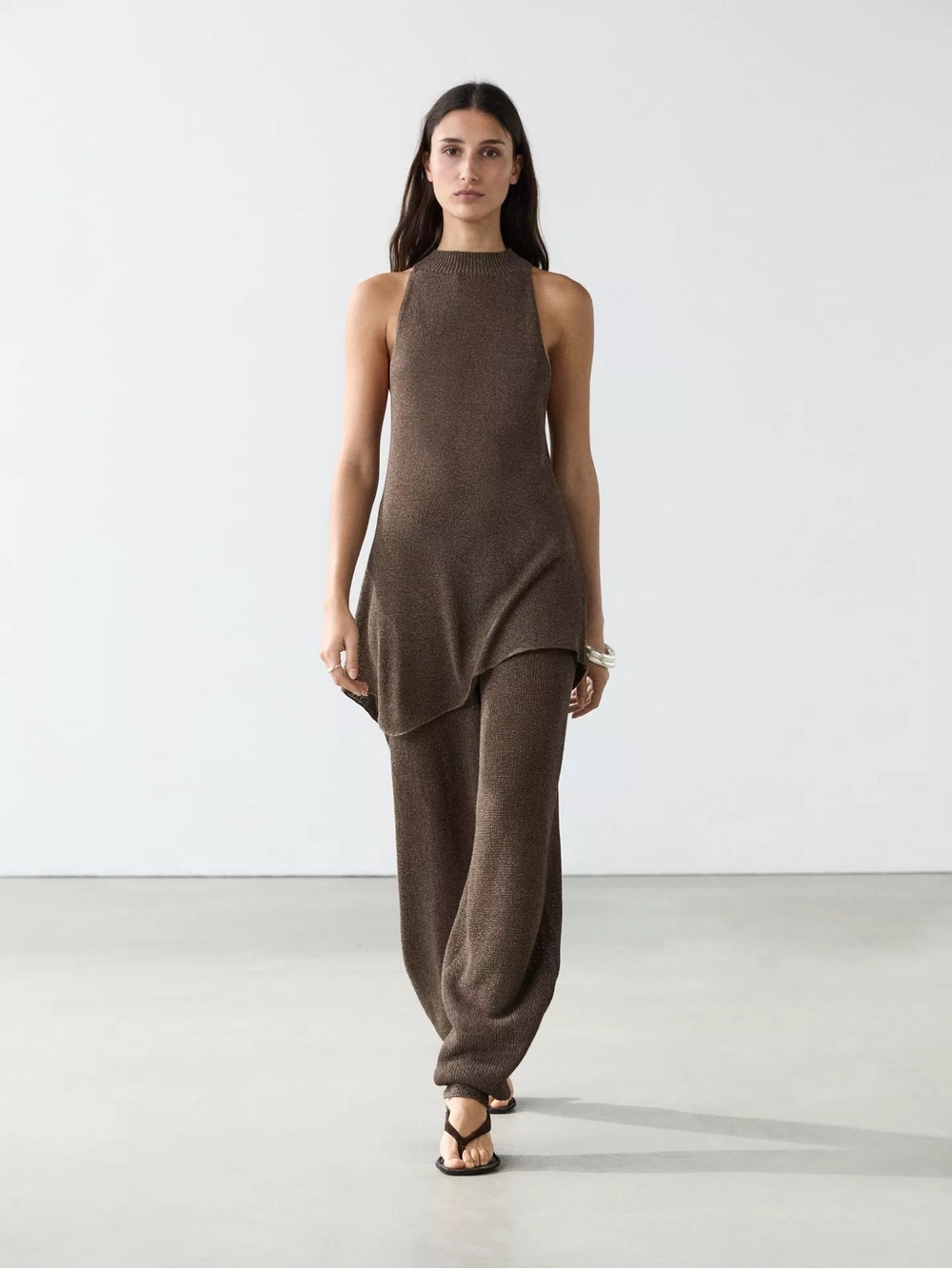Massimo Dutti Brown Knit Halter Top with Wide-Leg Pants Set